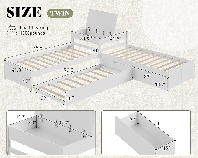 AMERLIFE L-Shaped Twin Trundle Bed with Flip-Top Storage Desk, Space-Saving Solid Wood Platform Bed Frame, White Finish, Multi-Functional Twin Bed for Kids and Families