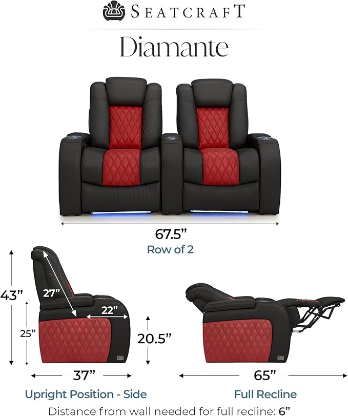 Seatcraft Diamante Zero-Gravity CoolZero Italian Leather Home Theater Seating, Power Headrest, Power Recline, Row of 2, Black/Red