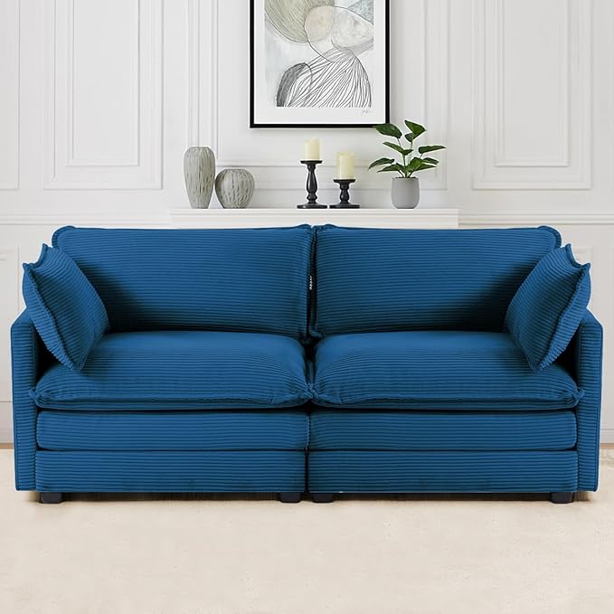 78'' Sectional Modular 2 Seat Cloud Loveseat, Oversized Love Seat 2 Seat Sofa with 2 Throw Pillows, Upholstered Corduroy Sofa Comfy Deep Couches for Living Room and Office, Blue
