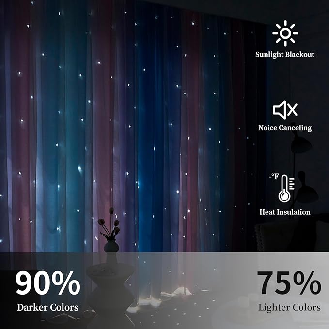 Star Curtains Blackout Curtains for Bedroom Cute Curtains Kids Curtains Rainbow Curtains, Curtains 72 Inches Long 2 Panels, Blue & Purple & Pink Curtains, 42 X 72 Inches