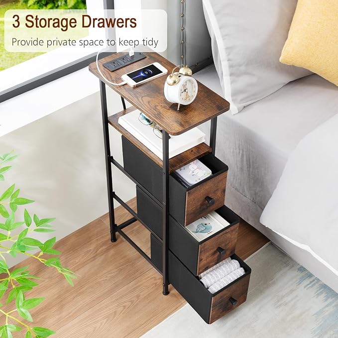 LOAKEKEL Narrow End Table Living Room with Charging Station, Skinny Side Table with Fabric Drawers, Slim Nightstand for Bedroom, Small Spaces, Couch, Brown, HETNDP03BR-1
