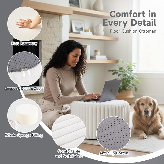 Tiita Round Stuffed Pouf Ottoman, Stripe Faux Fur Poufs with Foam Chunk Filling, Furry and Fluffy Pouf 21×21×12 inch Foot Stool Storage Ottoman,Puff Office Foot Rest for Couch Living Room, Beige