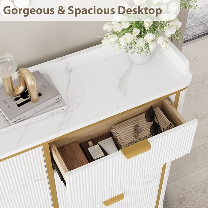 Fluted Shoe Cabinet Storage, Modern Slim Shoe Organizer Cabinet with 4 Flip Drawers & 2 Drawers, Wooden Freestanding Shoe Rack Cabinets for Entryway, Foyer, Hallway, White