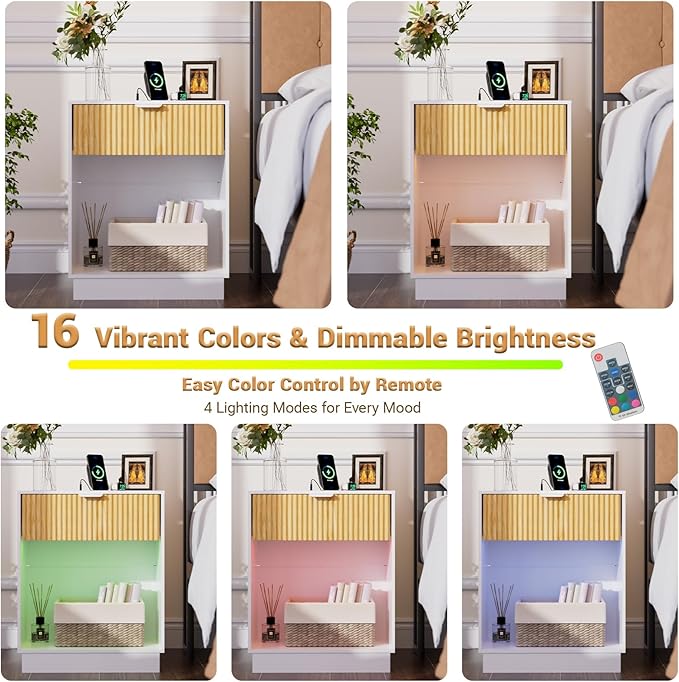 CMFYDAILY Fluted Nightstands Set of 2 with Charging Station & Built-in LED Lights, Bedside Tables with Wave Pattern Drawer & Open Shelf, Safe for Kids, Bedroom Storage