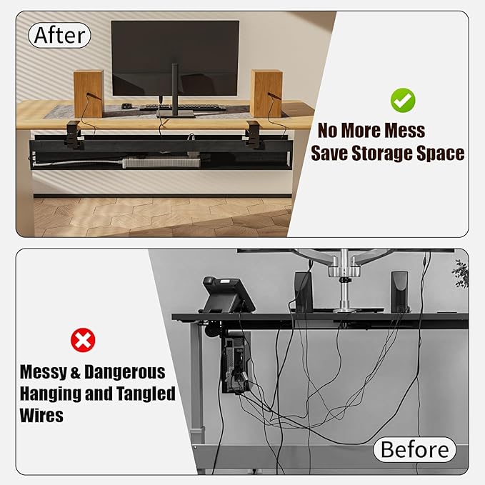 No Drill Under Desk Cable Management Tray, Nonkky Cable Management Under Desk, 40.2" Fabric Cord Hider - Clamp/Screw Mount, Cord Organizer for Office, Home - Supports Up to 40lbs