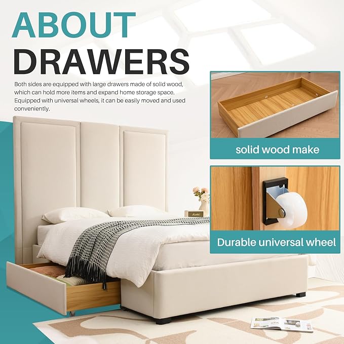 YUHUASHI Queen Size Bed Frame with 64-inch High Headboard, Simple and Airy Linen Upholstered Platform Bed with Storage Drawers, Wood Slat, No Noise (Beige, Queen)