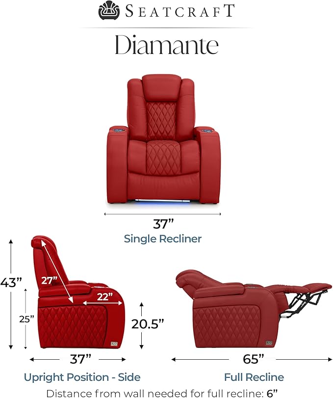 Seatcraft Diamante Zero-Gravity CoolZero Italian Leather Home Theater Seating, Power Headrest, Power Recline, Single Recliner, Red