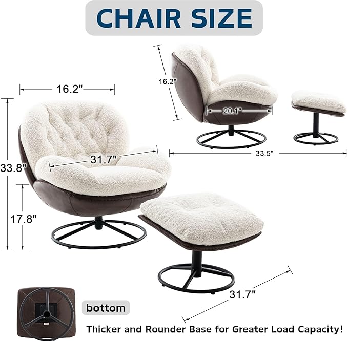 Swivel Sherpa Accent Chair with Ottoman, Mid Century Modern Lounge Chair with Footrest, Comfy Reading Chair with 360 Degree Metal Base for Small Space/Living Room/Bedroom, White Fur