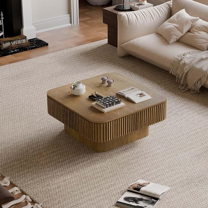 Square Small Coffee Table with Storage, Modern Wooden Coffee Table with Solid Wood Veneered, Fluted Center Table Drum Tea Table for Living Room Apartment, 31.5''L×31.5''W×14''H
