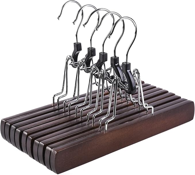 Amber Home Wooden Pants Clip Hangers 10 Pack, Skirt Hangers with Non Slip Padded Velvet, Smooth Finish Solid Wood Jeans/Slack Hanger，Clamp Hangers in Antique Color