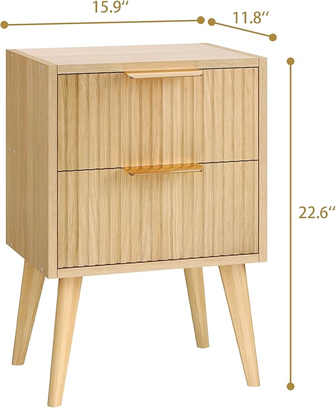YAUKOMEL Fluted Nightstand,Small Bedside Table,Natural Wood Night Stand,Light Wood Side Table with Solid Wood Legs,End Table for Bedroom,Small Space 11.8" D x 16" W x 22.4" H Natural CTG55Y