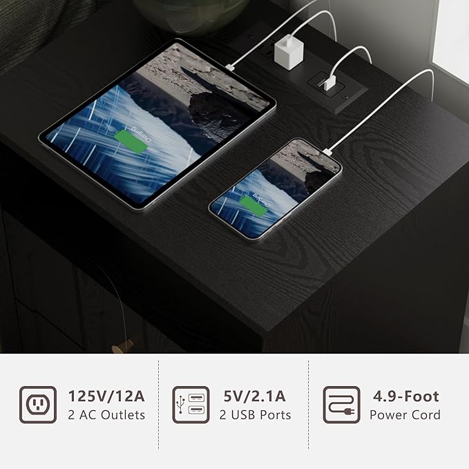 Nightstand with Charging Station, Modern Nightstand with Arched Design, Minimalist End Table with Wood Grain Texture, Bedside Table for Bedroom Living Room Sofa Office, Black