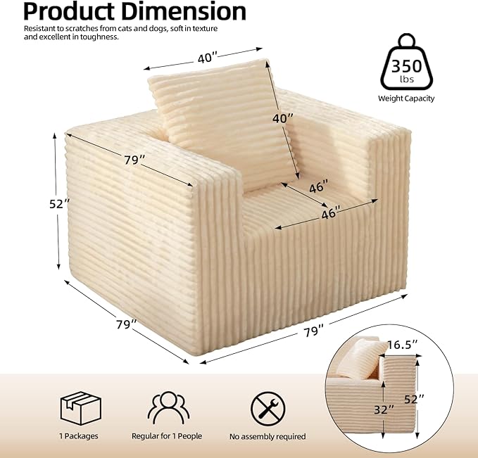 Single Cloud Sofa, Giant Bean Bag Chair with High Backrest & Wider Armrest, Foam Boneless Couch for Small Spaces, Comfy Furry Sofas with Pillows for Living Room, Bedroom, Apartment, Dorm, Office