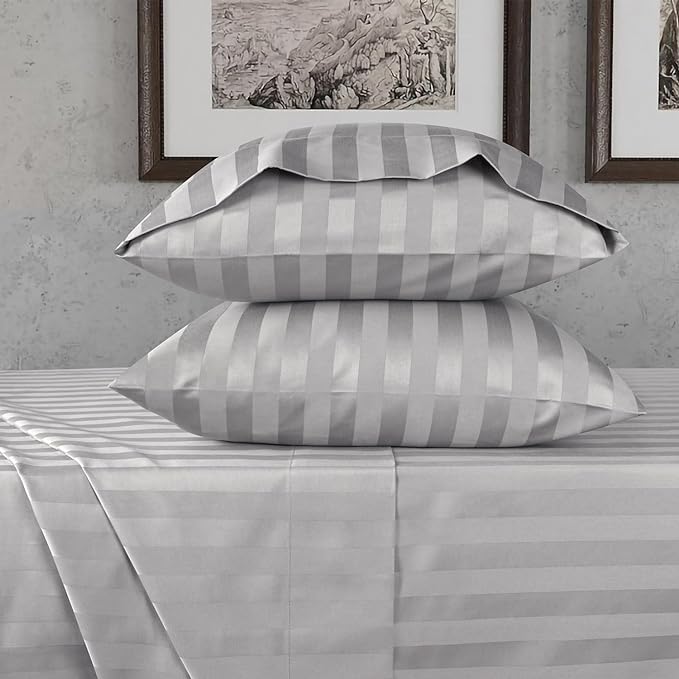 URBANHUT 800 Thread Count 100% Cotton Damask King Size Sheets, 4 Piece Striped King Size Bedsheets, Luxury Hotel Sheets Sateen Weave - Better Than Egyptian, 16" Elasticized Deep Pocket- Silver Grey