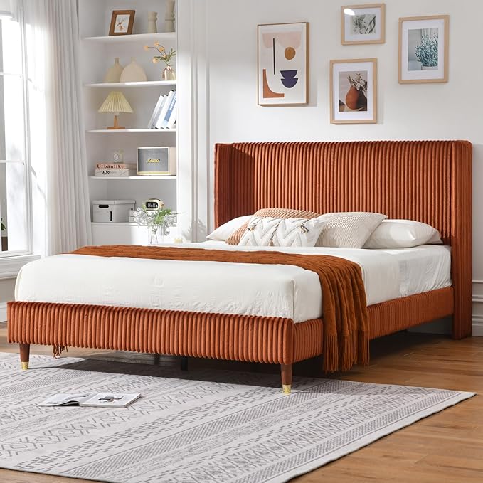 PINJU Queen Size Bed Frame, Upholstered Platform Bed with Modern Vertical Striped Wingback Headboard with Wooden Slats, Easy to Assemble No Noise Free (OCHER, Queen (U.S. Standard))