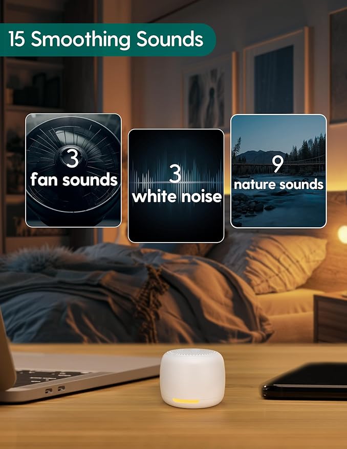 Babelio White Noise Sound Machine, Night Light, Mini and Portable, 15 Non-looping Sounds, Timer, Memory Function, for Adults Baby, Travel, White