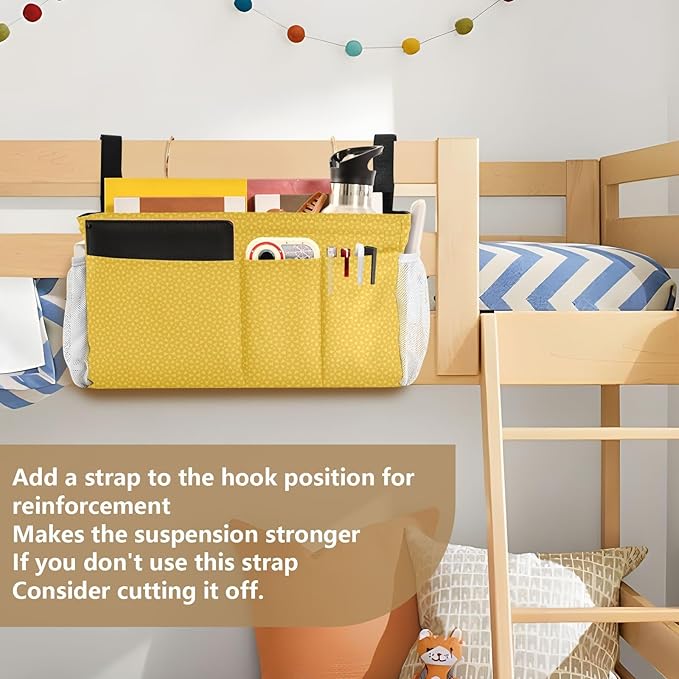 Bedside Caddy Hanging Bunk Bed Caddy Bed Organizer Hanging Pocket with 2 Hooks Bedside Storage Organizer Pocket Bag Holder Yellow