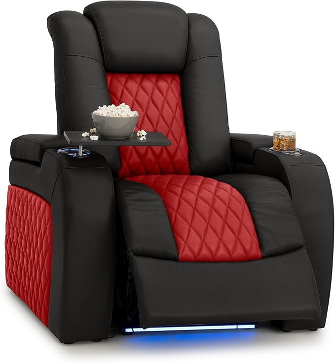Seatcraft Diamante Zero-Gravity CoolZero Italian Leather Home Theater Seating, Power Headrest, Power Recline, Single Recliner, Black/Red