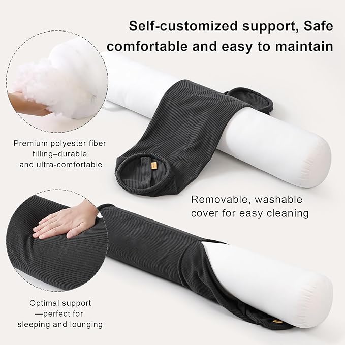 Cuddle Pillow – Corduroy Long Body Pillow for Adults, Cozy Bolster Pillow for Bed, Soft & Supportive for Relaxing Sleep,59 x 7.87 Inches,Lamp Black
