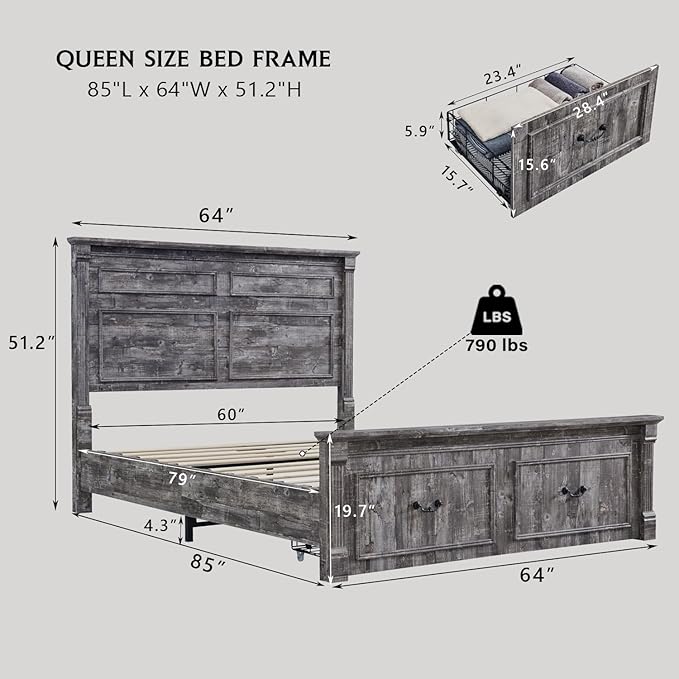 Farmhouse Queen Size Bed Frame with 51" Tall Headboard, Wood Platform Bed Frame with 20" Tall Roman Column Decoration Footboard & 2 Large Storage Drawers, No Box Spring Needed (Light Grey)