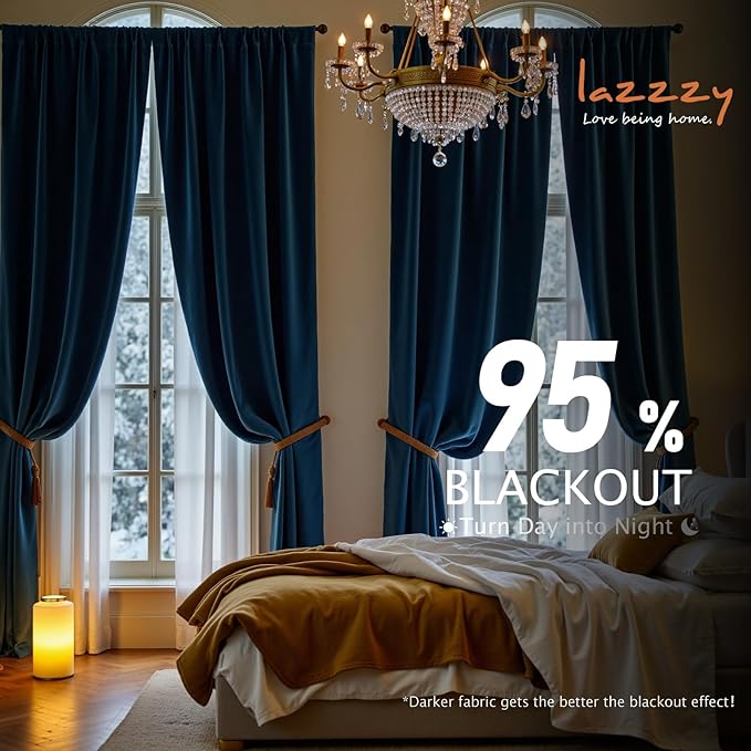 Lazzzy Velvet Blackout Curtains Thermal Insulated Room Window Drapes Super Soft Luxury Curtains for Living Room Bedroom Rod Pocket 2 Panels, Dark Blue, 52" W x 108" L