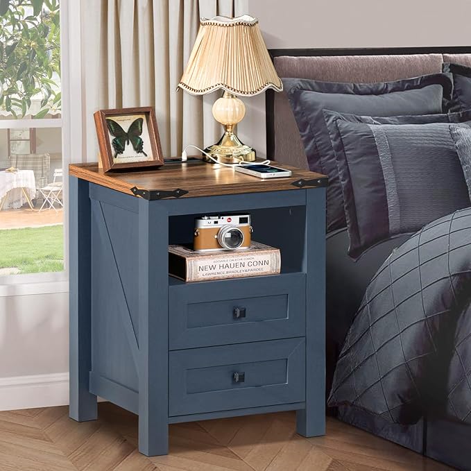 Joaxswe Nightstands Set of 2 with Charging Station, Farmhouse Night Stand with 2 Drawers and Shelf Storage, Wooden Side End Table, Bedside Cabinet for Bedroom, Living Room, Closet,Office (Blue) | with 2 Drawers, and Shelf Storage, Bedside Cabinet, for ...