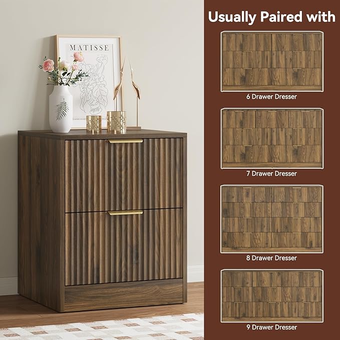 6 Drawer Dresser & Nightstand Set 3-Piece, 55” Wide Fluted Dresser and Night Stand Set of 2 with Metal Handle, Modern Wood Chest of Drawers Storage Dressers Set for Bedroom, Walnut