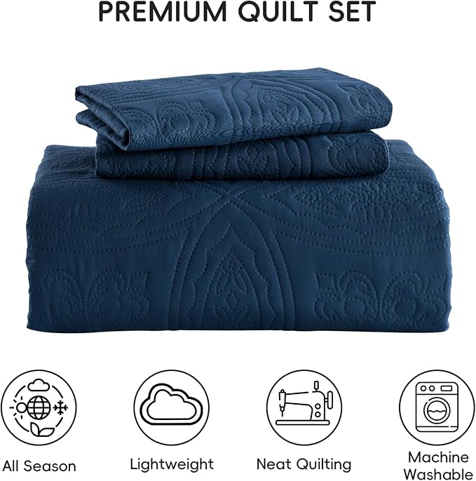 Yiran Navy Blue Quilt Set Queen Size Lightweight Bedspread Embossed Pattern Soft Microfiber Coverlet for All Season with 2 Pillow Shams (96"x90")