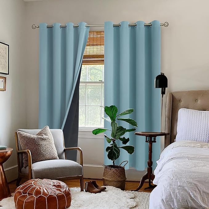 BGment Thermal Insulated 100% Blackout Curtains for Bedroom with Black Liner, Double Layer Full Room Darkening Noise Reducing Grommet Curtain (52 x 84 Inch, Greyish Blue, 2 Panels)