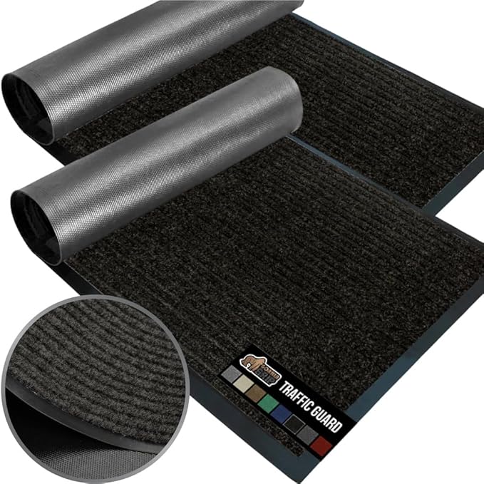 GORILLA GRIP Waterproof Traffic Guard Door Mat, 2 Pack Heavy Duty Entryway Mats, Strong Rubber Back Commercial Utility Rugs for Office Hallway, Garage Floor and Home, Low Profile Carpet, 35x23, Black