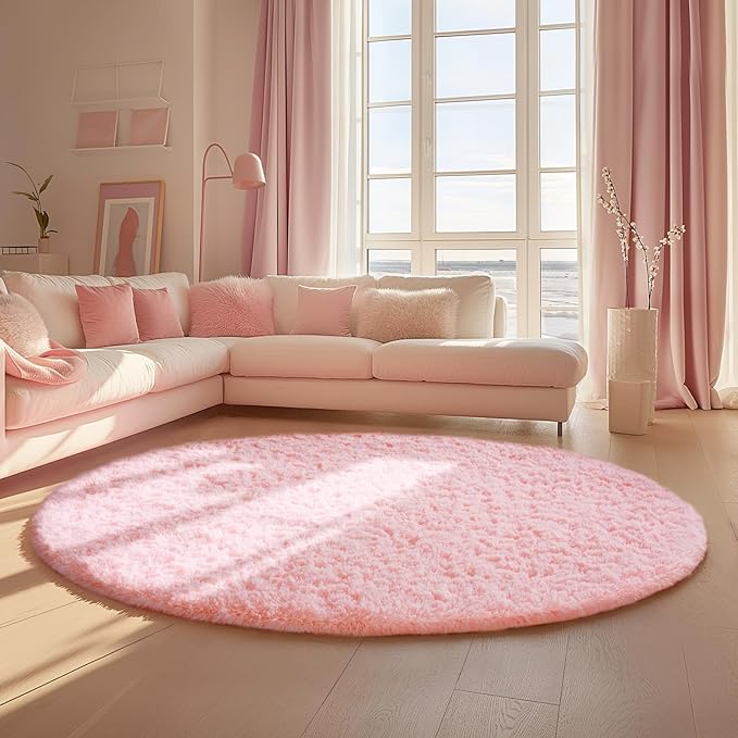 Ophanie Round Rugs 7Ft Pink Circle Area Rug, Fluffy Fuzzy Bedroom Carpet, Plush Soft Shaggy Indoor Floor Kawaii Living Room Rugs for Kids, Cute Room Decor for Teen Girls Home Decor Aesthetic, Nursery