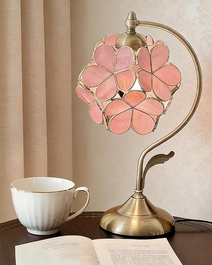 Tiffany Style Flower Table Lamp, Vintage Cherry Blossom Stained Glass Lamp with Brass Base for Bedroom Bedside Home Decor, Blush Coral (Pink)
