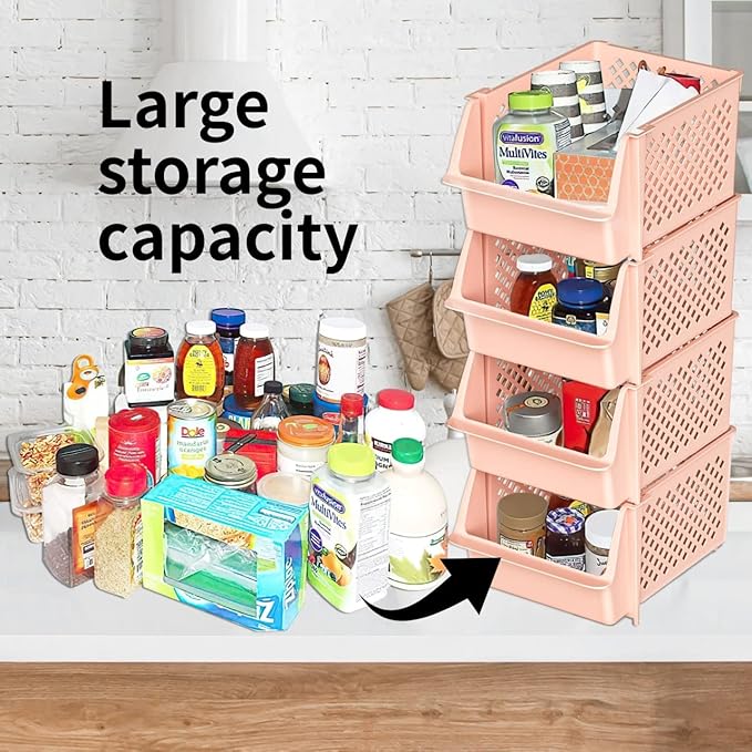 TidyFriend Stackable Storage Bins for Pantry, 4 Pack Stackable Bins For Organizing Food, Kitchen, and Bathroom Essentials (Cream)
