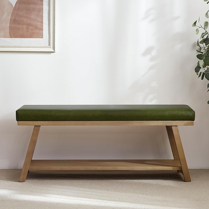 45" Entryway Bench Upholstered Storage Bench for Bedroom Shoe Rack Bench for Living Room, Hallway, Mudroom, Balcony, Sturdy Indoor Bench Seat Holds Up to 300 lbs (PU-Green)
