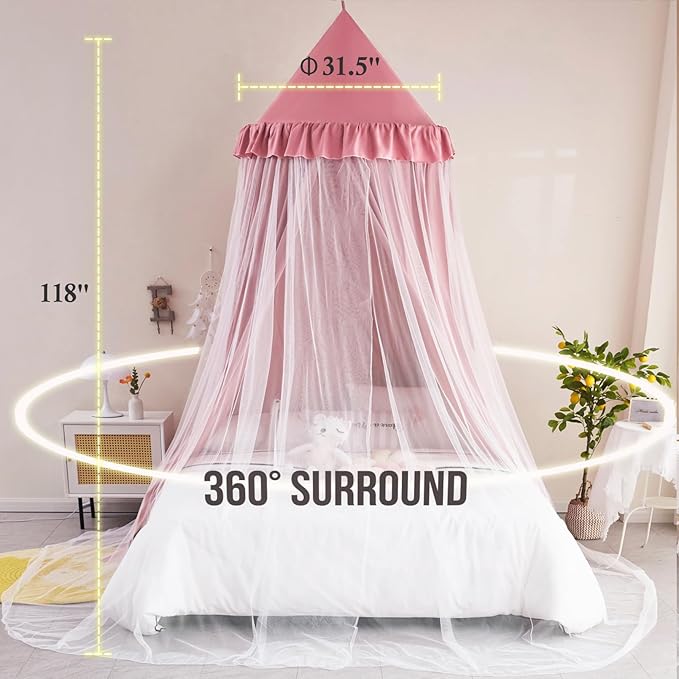 Kertnic 31.5inch Large Dome Bed Canopy for Girls, Double Layer Dreamy Ruffle Princess Canopy, Bedroom Hanging Tent Kids Reading Nook Canopies,Full Queen Bed Canopy Curtain (Dark Rusty-Pink)