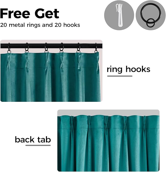 Pinch Pleated 100% Blackout Curtains for Bedroom, Teal Velvet Curtains for Living Room, Black Out Curtain 102 inch Long Room Darkening, Blackout Pinch Pleat Drapes with Hooks 2 Panels