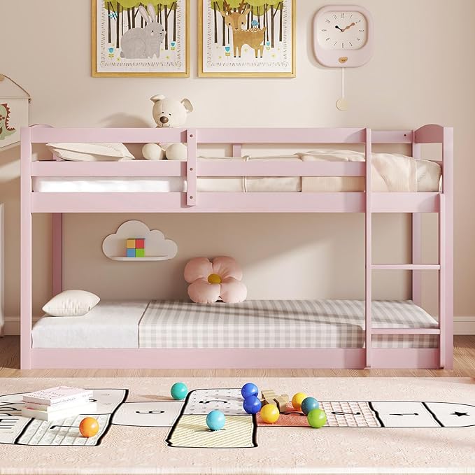 KOMFOTT Low Bunk Bed Twin Over Twin, Solid Wood Twin Bed Frame with Built-in Ladder & Safety Guardrails, Space-Saving Low Bunk Bed for Kids, Teens, No Box Spring Needed