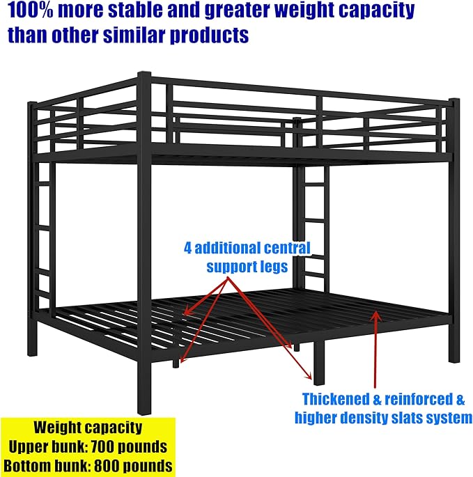 Upgraded & Stronger Heavy Duty Metal Queen Over Queen Bunk Bed for Adults & Teens, Thickened More Stable Safer Bunkbeds (Greater Weight Capacity) (Queen Over Queen-A)