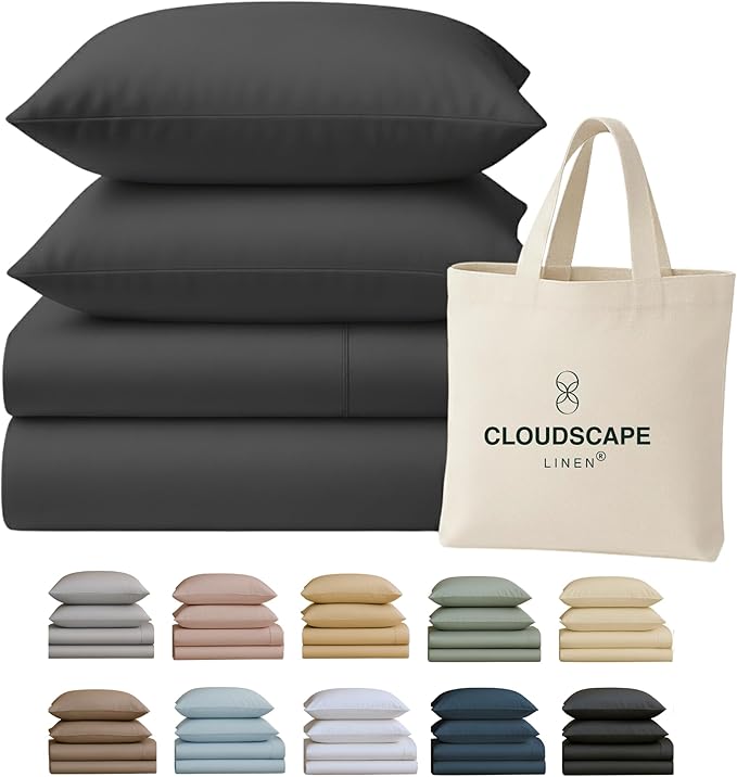 Cloud Scape Linen 100% Egyptian Cotton Sheets Full Size, 4 Pieces Luxury Bedding Set, 400 Thread Count,Hotel Quality, Silky Soft, Deep Pockets up to 17, Charcoal