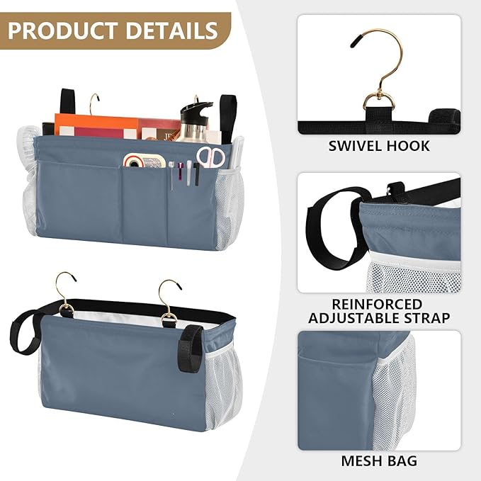 KOPIRIT Dusty Blue Bedside Caddy Storage Bag Bedside Organizer for Headboards Bunk Beds Organizer Caddy Hanging Shelf 6 Pockets with Hooks for Magazine Water Bottle Holder