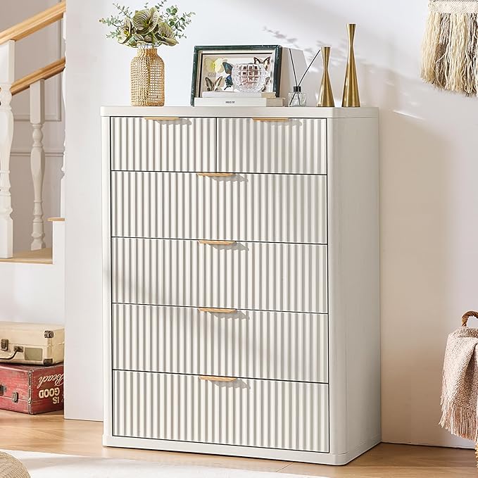 LEYAOYAO Fluted 6 Drawers Dresser for Bedroom Set of 2, 42" Tall Modern Chest of Drawers with Metal Handle, Curved Profile Design,White Wood Drawer Organizer for Bedroom, Living Room, Hallway