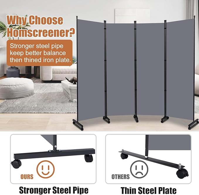 Room Divider Folding Privacy Screens with Wheels, 6FT Tall Divider for Room Separation, Movable Room Partitons and Dividers, Indoor Room Dividers Panel with Fabric (Grey, 4 Panel-88‘’-Wheels)