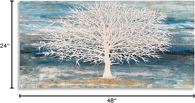 White Tree Canvas Wall Art Large Teal Blue Decor Textured Painting Print with Gold Foil Framed Artwork for Living Room Bedroom(24W*48L