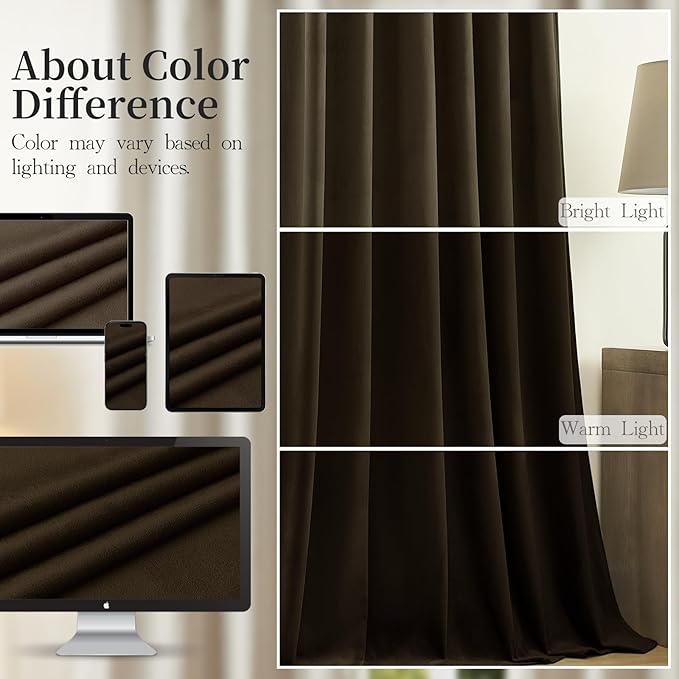 Brown Velvet Curtains Extra Long Room Darkening Drapes Super Soft Elegant Thermal Insulated Soundproof Privacy Window Curtains for Bedroom Living Room, Back Tab Rod Pocket, W52 x L102, 2 Panels