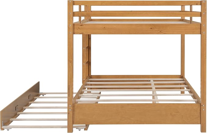 Bellemave Queen Over Queen Size Bunk Bed with Trundle for Kids/Adults,Solid Wood Bunk Bed Frame Queen Size with Ladder & Safety Guardrails,Wood Color