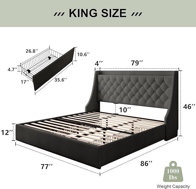 Feonase Upholstered King Size Bed Frame with 4 Storage Drawers, Large Wingback Headboard, No Box Spring Needed, Black