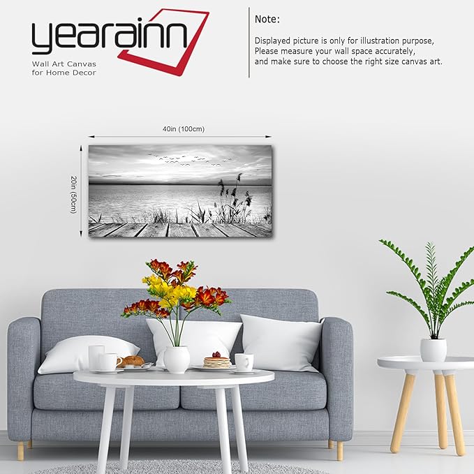 yearainn Black and White Canvas Wall Art Sunset Lake with Flying Birds Pictures for Wall Decor Nature Landscape Canvas Painting Artwork for Living Room Bedroom Home Office Wall Decoration 20" x 40"