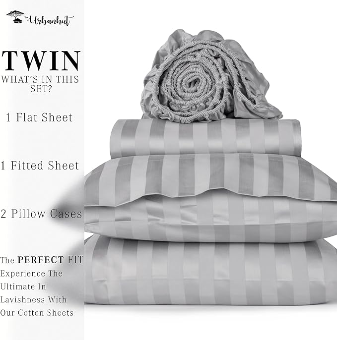 URBANHUT 800 Thread Count 100% Cotton Damask Twin Size Sheets, 4 Piece Striped Twin Size Bedsheets, Luxury Hotel Sheets Sateen Weave - Better Than Egyptian, 14" Elasticized Deep Pocket- Silver Grey