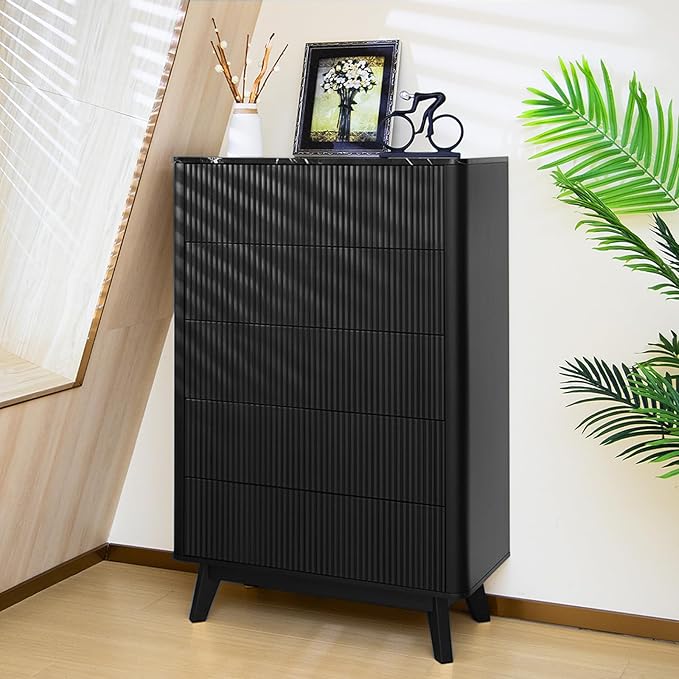 Fluted 5 Drawers Dresser for Bedroom, 47" Tall Handleless Chest of Drawers with Faux Marble Top, Curved Profile Design, Wood Drawer Organizerfor forLiving Room, Hallway, Entryway, Black
