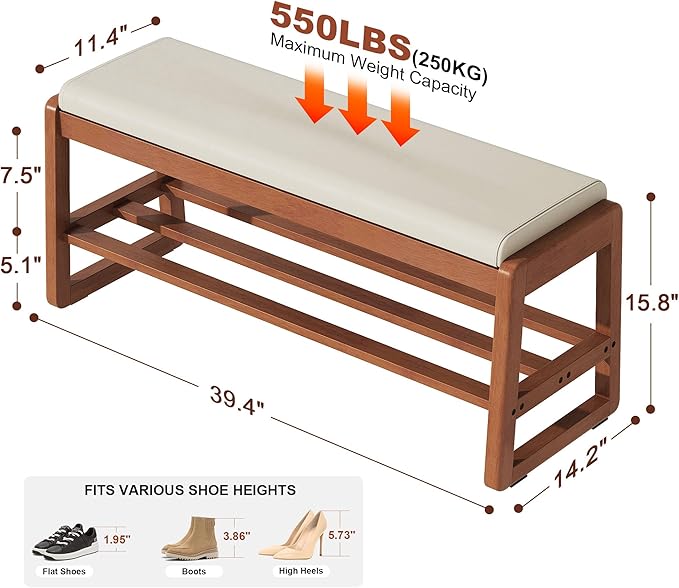 Shoe Bench Storage Rubberwood with Leather Cushion 39.4", Waterproof Easy to Clean 550LBS Organizer Shoe Rack for Entryway, Hallway, Mudroom, Front Door